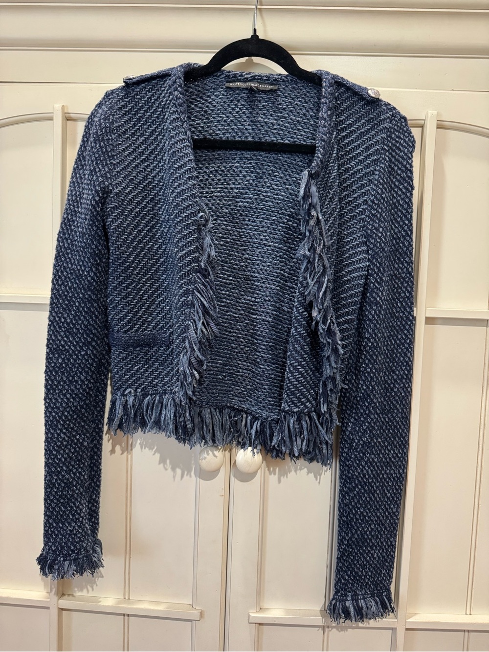 White House Black Market Blue Fringed Open-Front Knit Cardigan